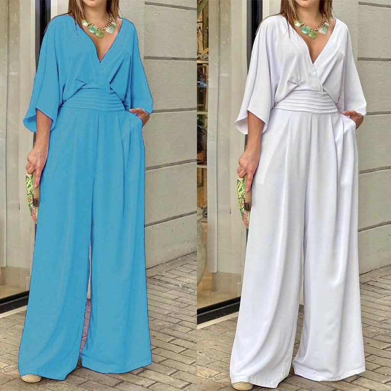 Eleganter Jumpsuit mit V-Ausschnitt und weiten Beinen